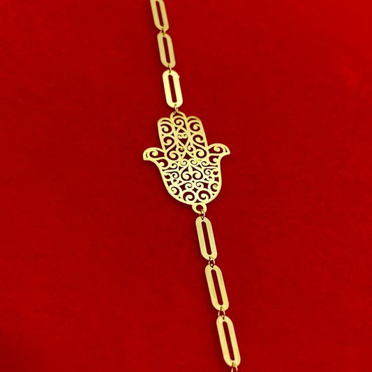 18K Real Gold Hamsa Hand Paper Clip Bracelet