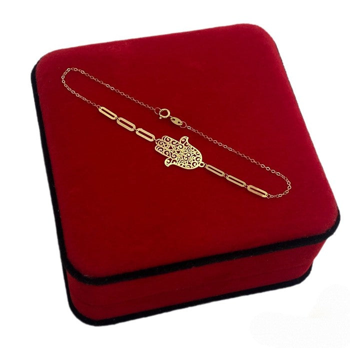 18K Real Gold Hamsa Hand Paper Clip Bracelet