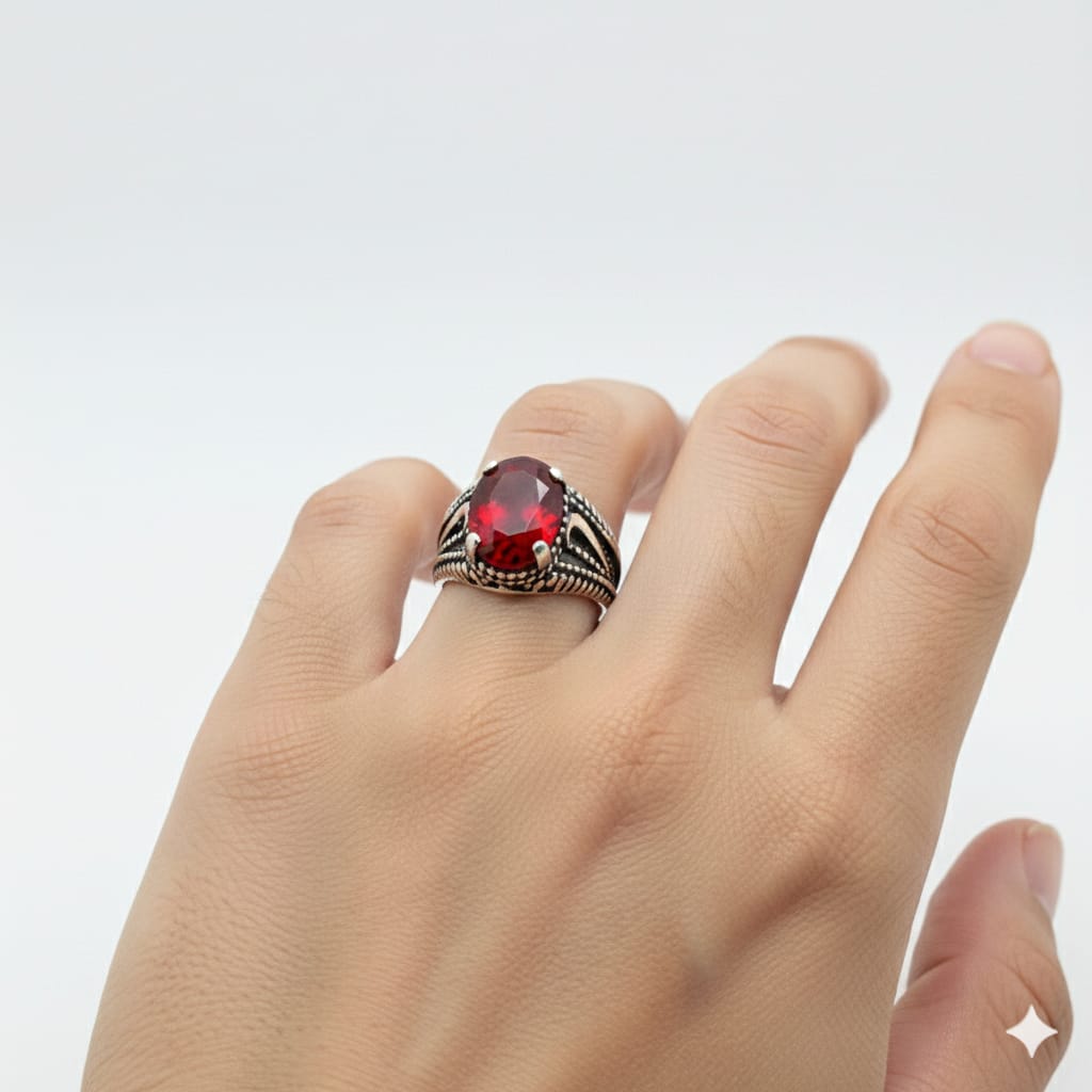 925 Silver Round Red Stone Ring