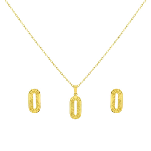 Gold necklace with matching earrings on a white background