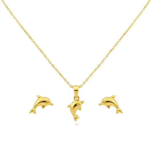 18K Real Gold Dolphine Necklace And Earring Set