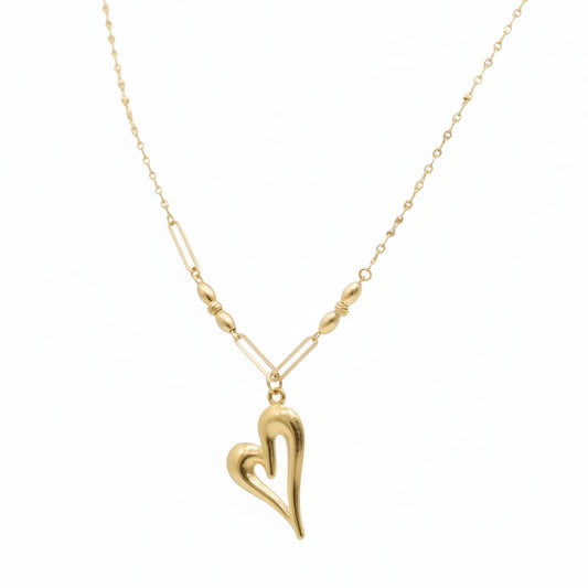 Gold necklace with a heart pendant on a mannequin neck, showing weight and carbon dating information.
