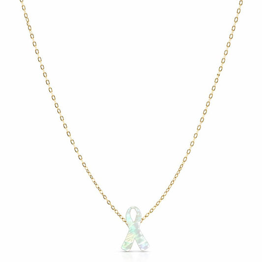 Necklace with a white ribbon pendant on a gold chain against a white background