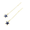 Gold threader earrings with navy star charms, delicate chain design, modern jewelry
