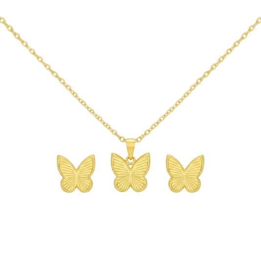Gold butterfly necklace, pendant, and earrings on a white background