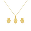Gold hamsa hand necklace and earrings on a white background