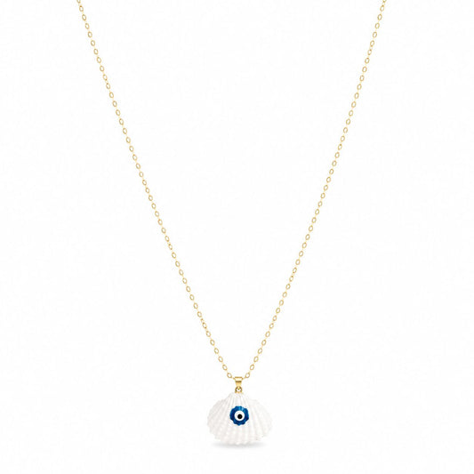Necklace with a shell pendant featuring an eye design on a white background