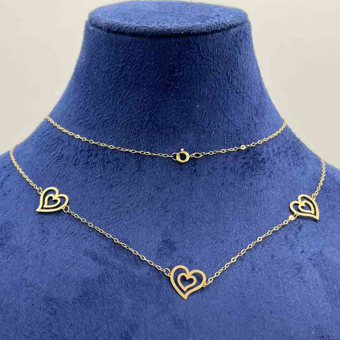 18K Real Gold 3 Pendant double Heart Necklace 071
