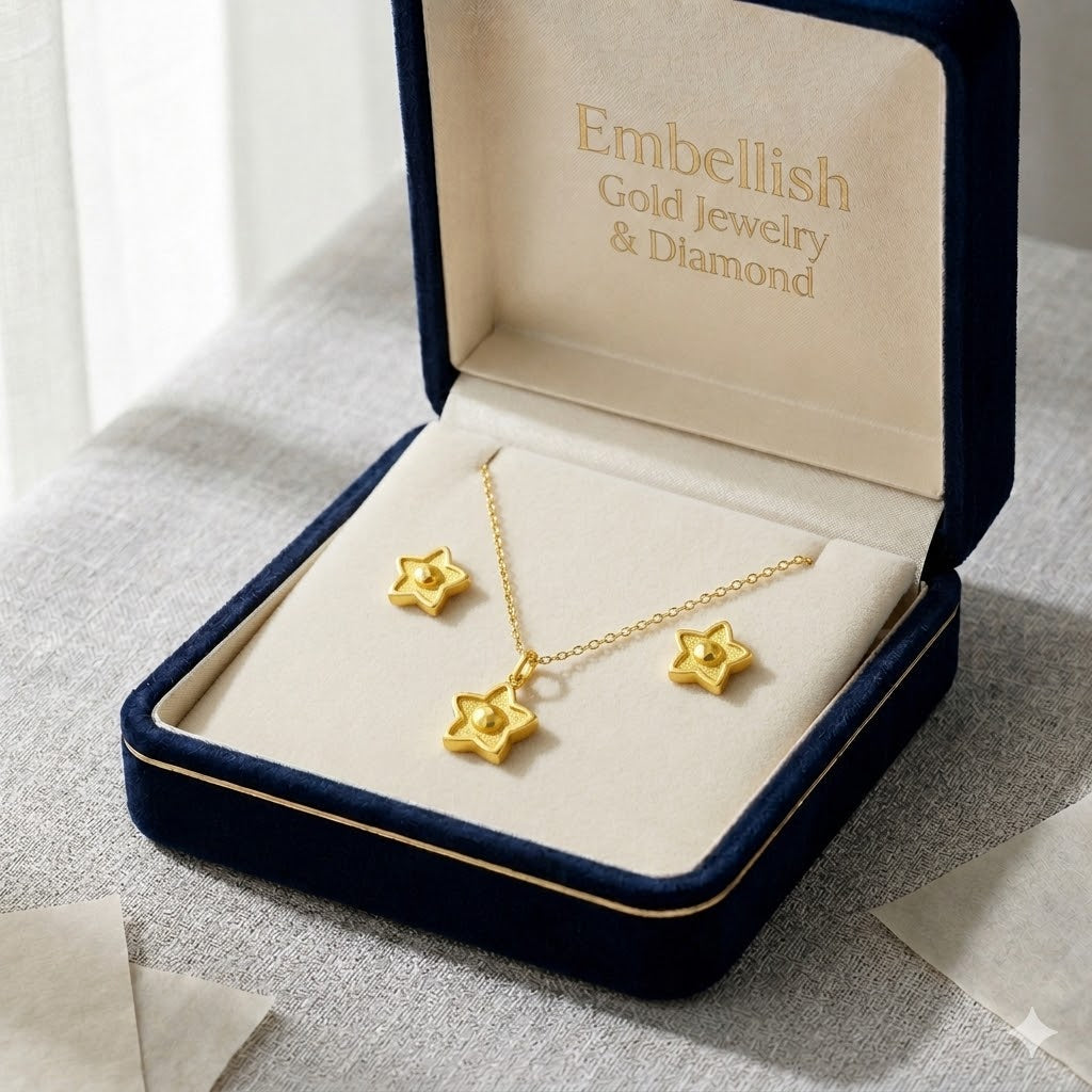 18K Real Gold Star Dot Necklace And Earring Set