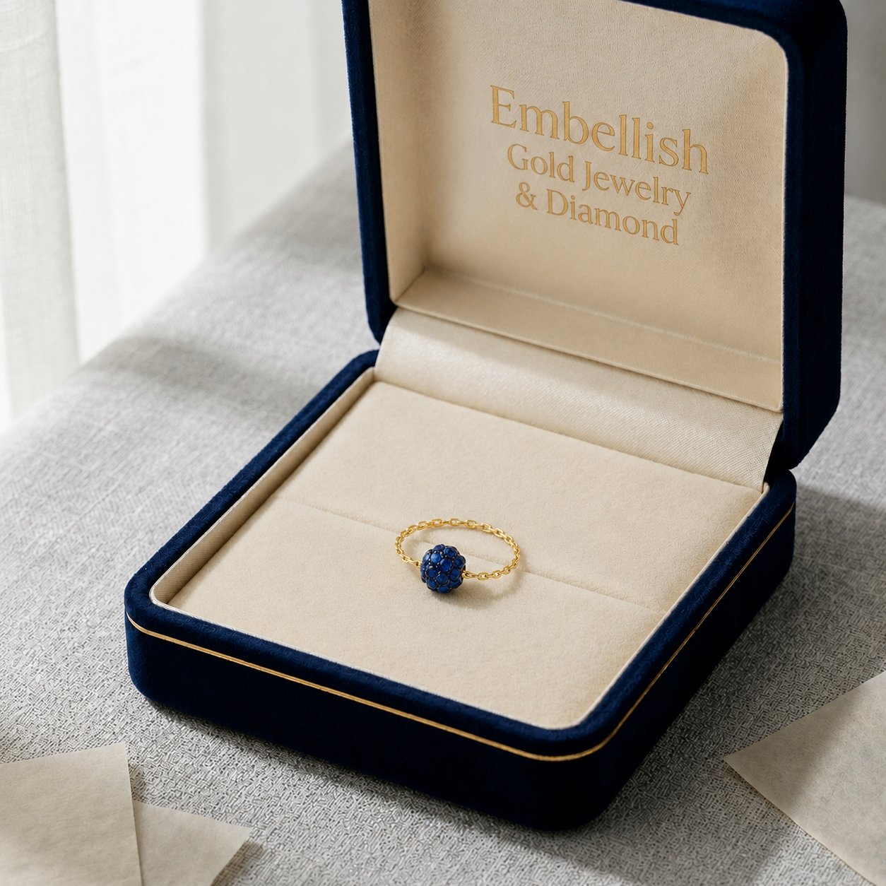 18K Gold Navy Blue Swarovski Chain Ring