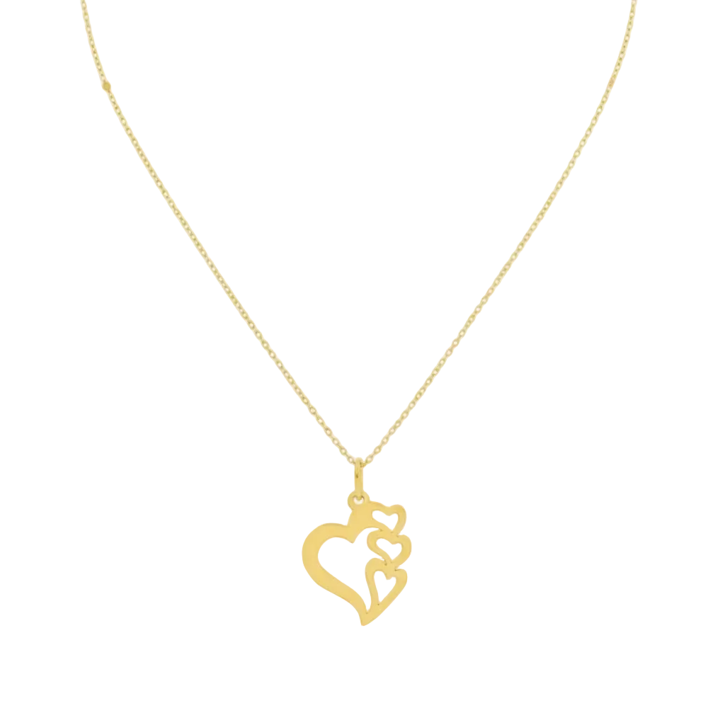 Gold necklace with triple heart pendant on fine chain, minimalist jewelry design