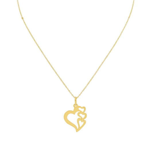 Gold necklace with triple heart pendant on fine chain, minimalist jewelry design