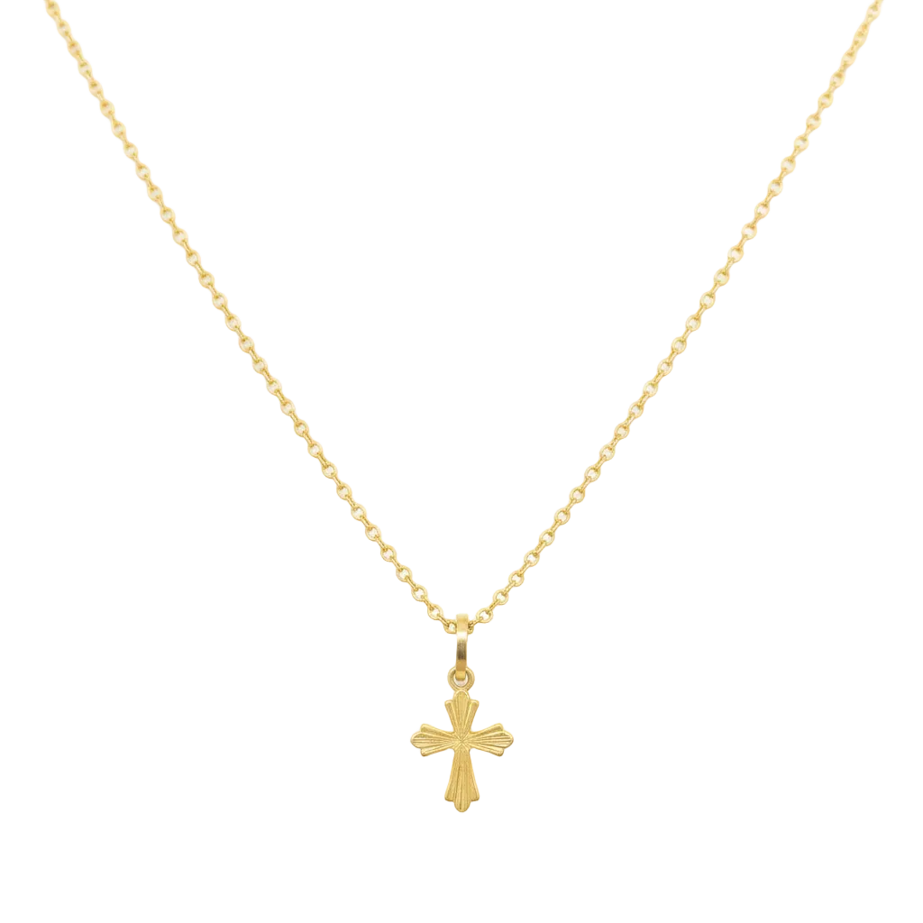Gold necklace with a cross pendant on a white background