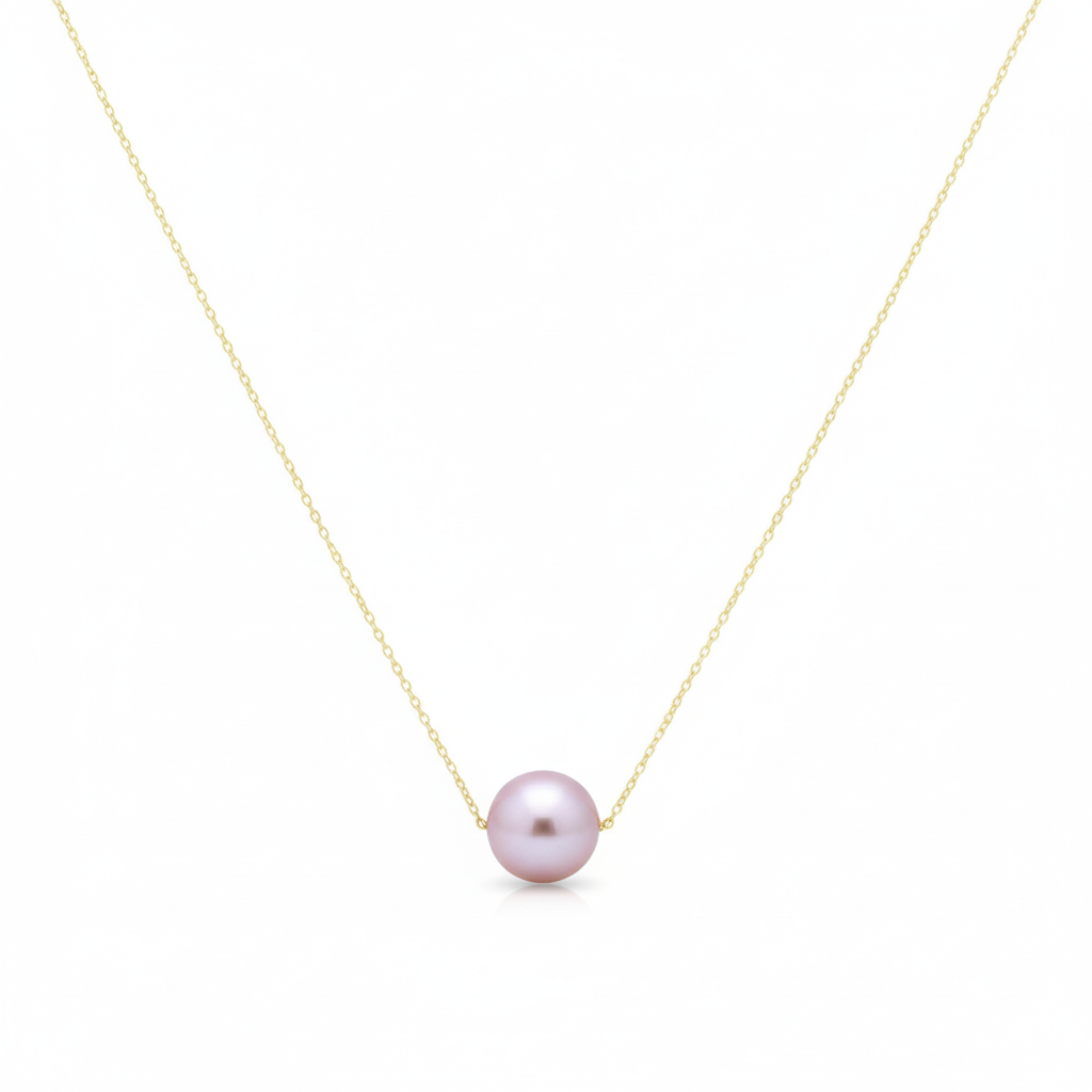 Necklace with a single pink pearl on a white background