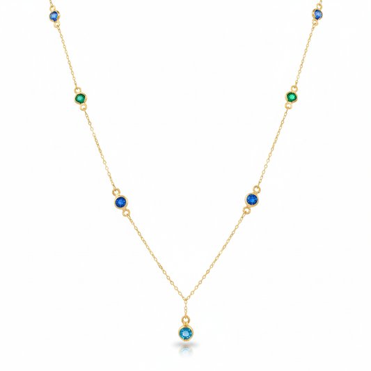 18K Real Gold Multi Color Round Stone Necklace