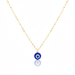 Gold necklace with a blue evil eye pendant on a white background