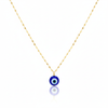 Gold necklace with a blue evil eye pendant on a white background
