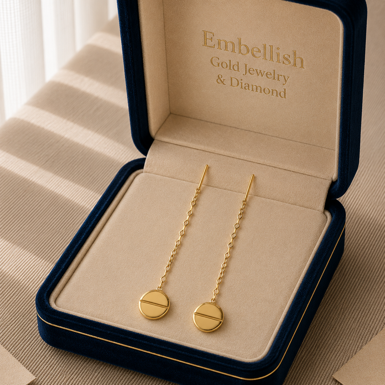 Gold earrings in a 'Embellish Gold Jewelry & Diamond' box on a beige surface.