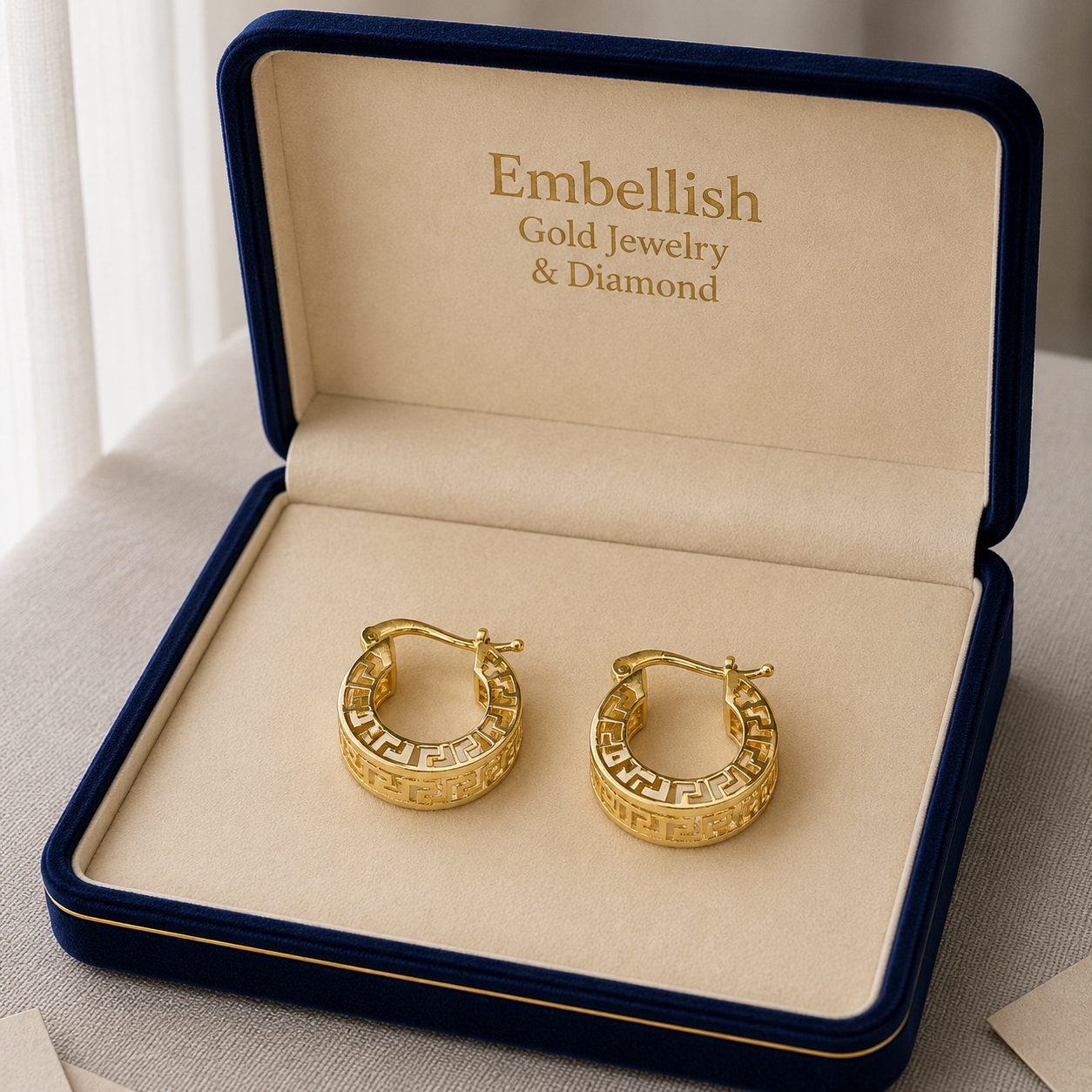 Gold hoop earrings in an 'Embellish' jewelry box.