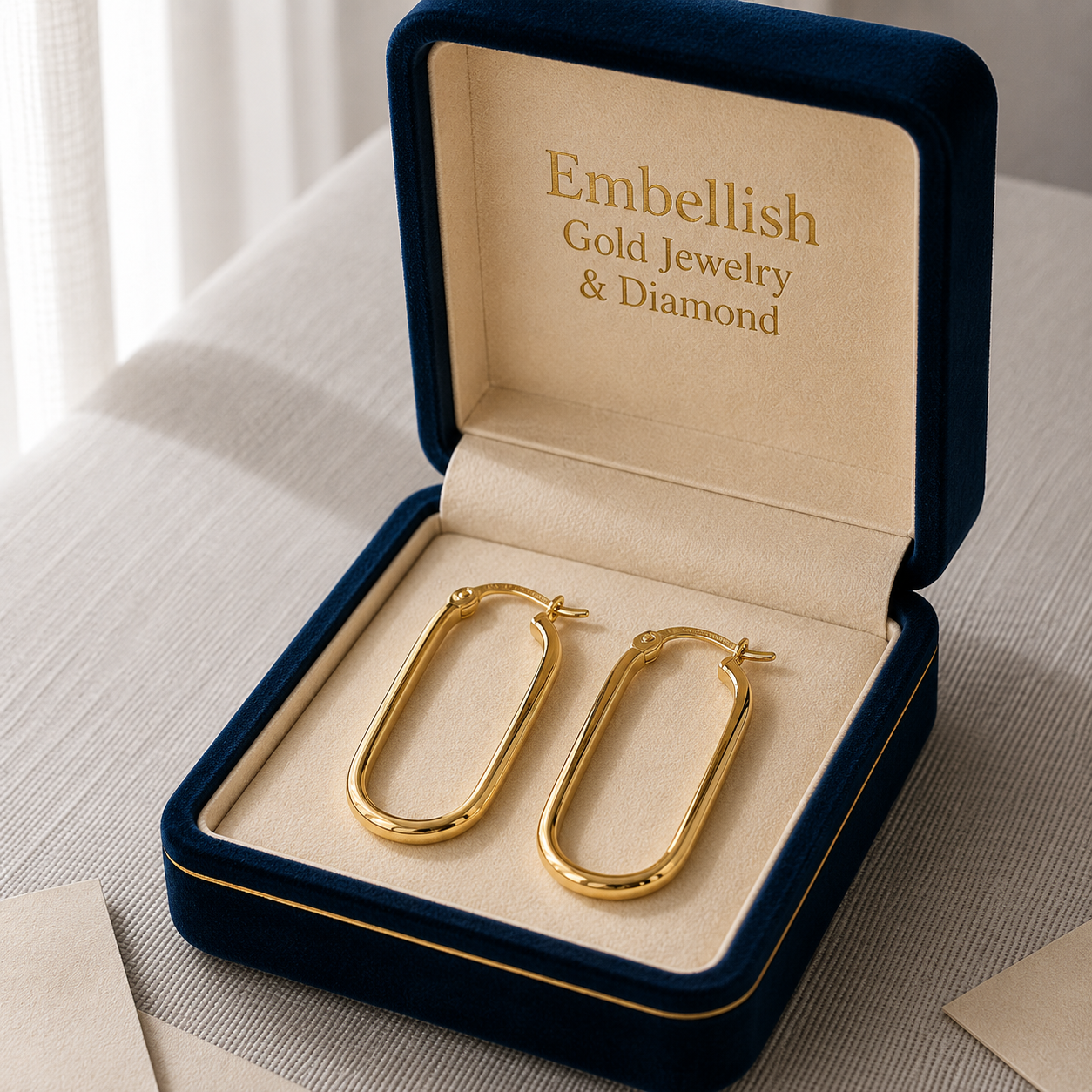 Gold hoop earrings in a 'Embellish Gold Jewelry & Diamond' box on a neutral background