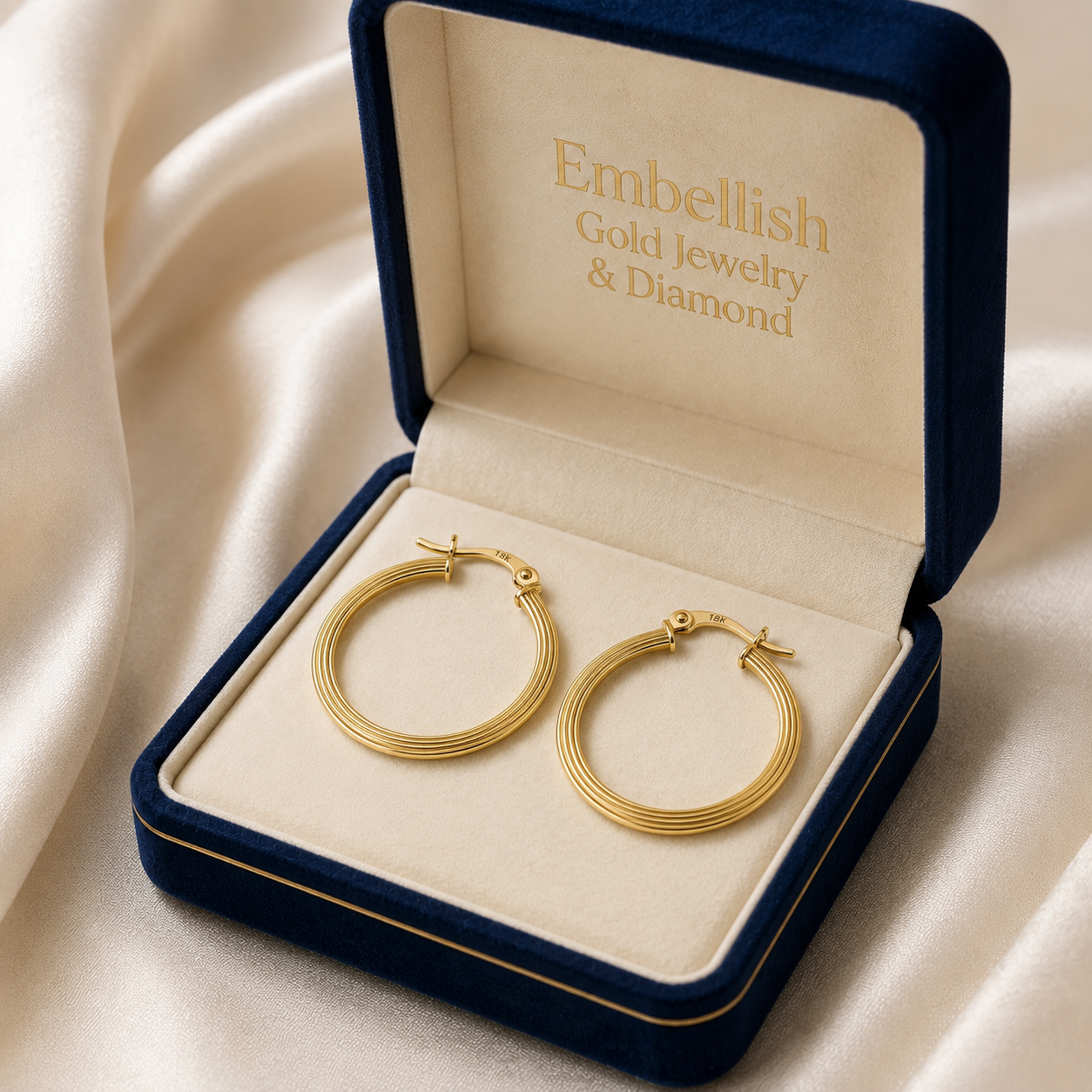 Gold hoop earrings in a 'Embellish Gold Jewelry & Diamond' box on a beige fabric background