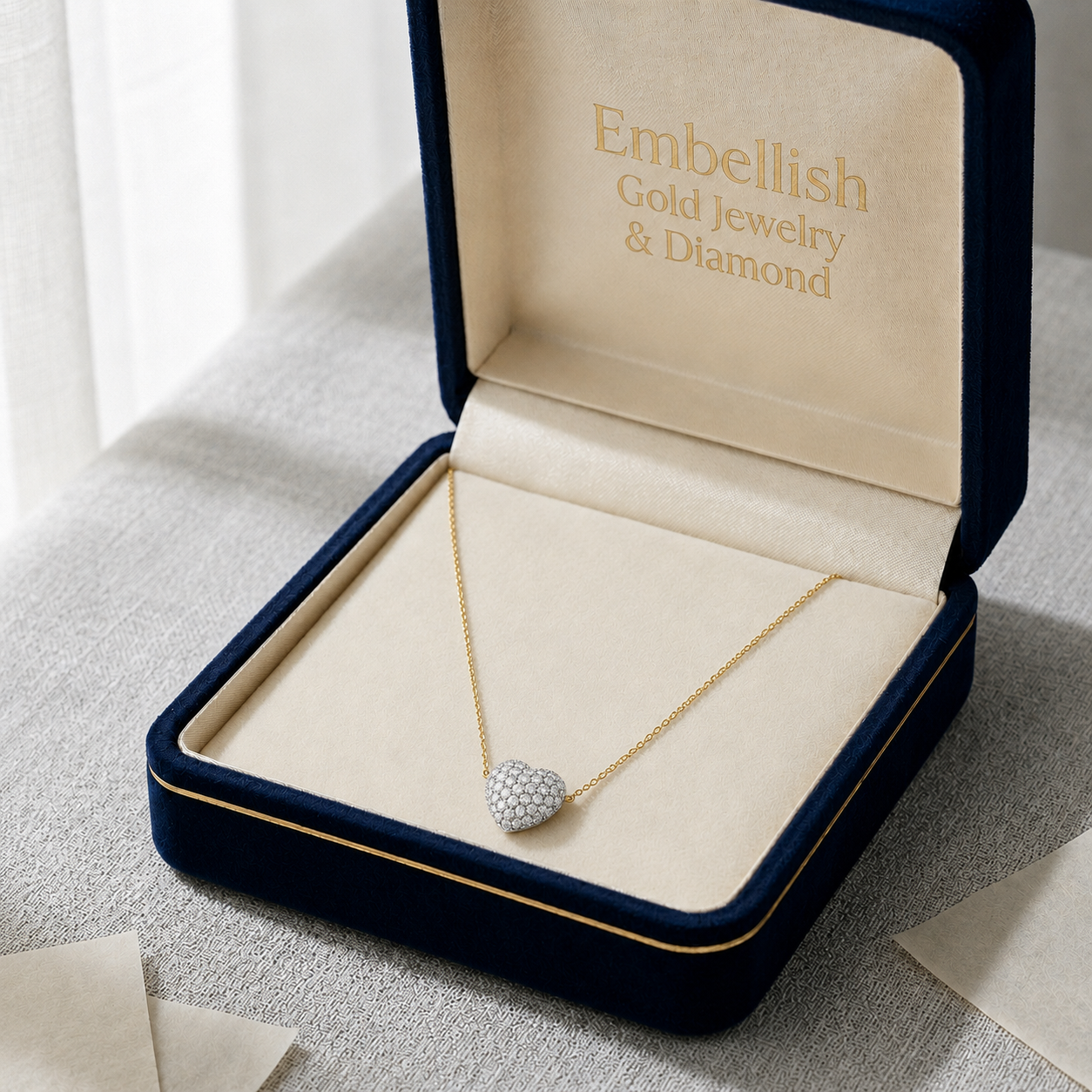 Gold necklace with a heart-shaped pendant in an open jewelry box labeled 'Embellish Gold Jewelry & Diamond'.
