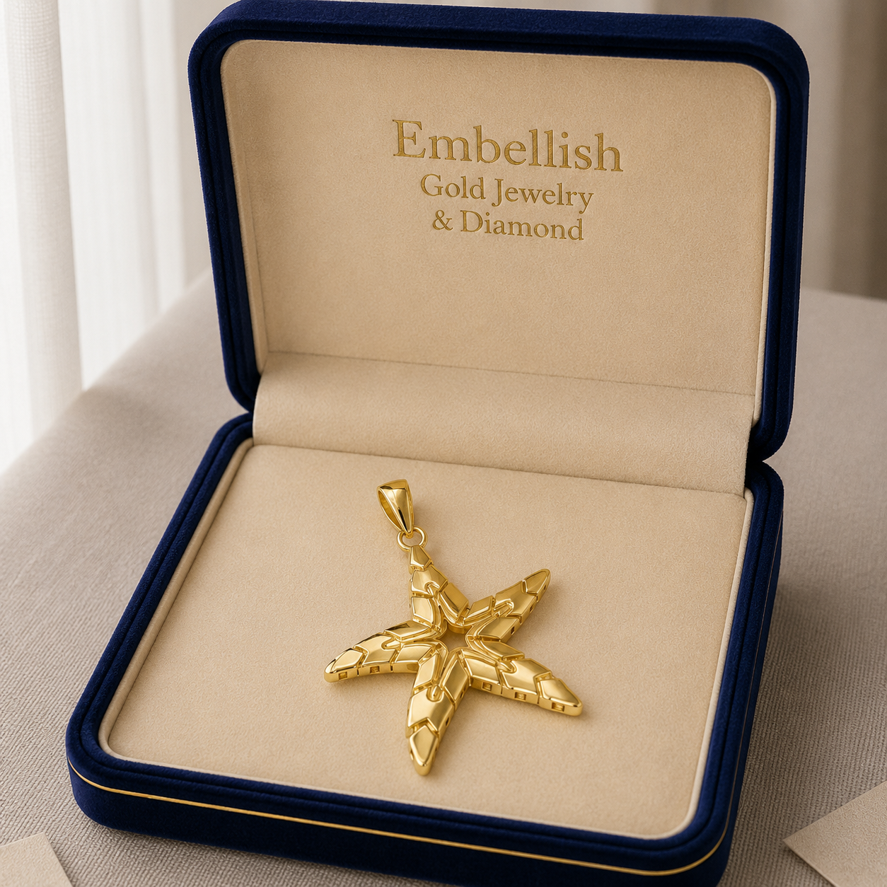 Gold starfish pendant in an open jewelry box with 'Embellish Gold Jewelry & Diamond' branding.