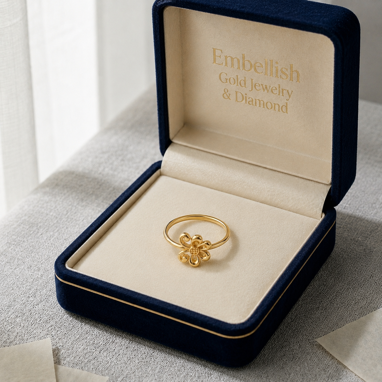 Gold ring in a blue jewelry box with 'Embellish Gold Jewelry & Diamond' branding.