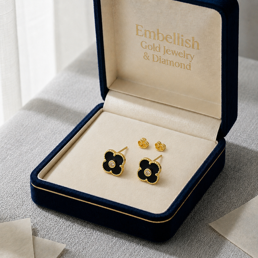 18K Real Gold VCA Black Stone Earrings