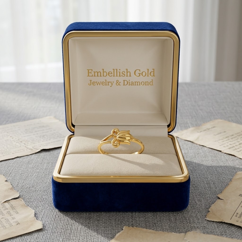 Gold ring in a 'Embellish Gold Jewelry & Diamond' box on a textured surface.