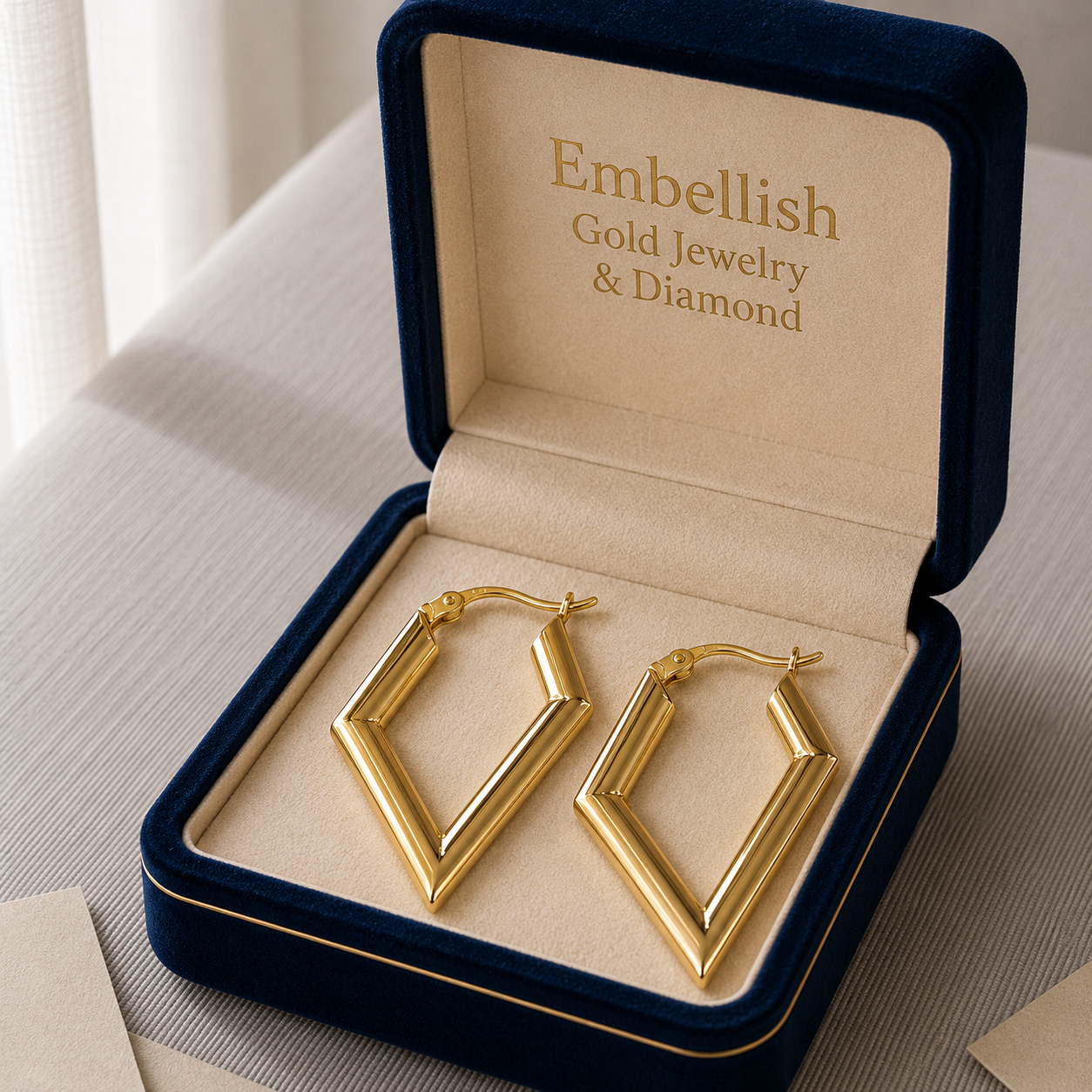 Gold hoop earrings in a 'Embellish Gold Jewelry & Diamond' box on a light background