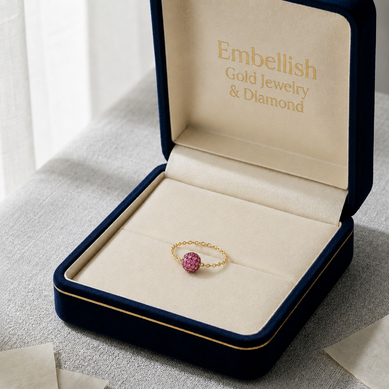 18K Real Gold Pink Swarovski Chain Ring