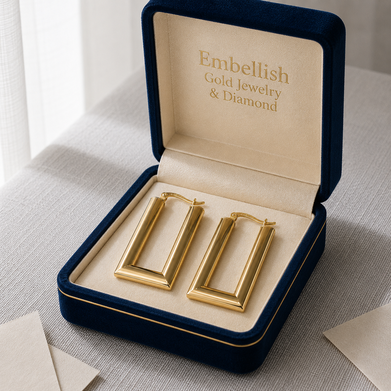 Gold earrings in a 'Embellish Gold Jewelry & Diamond' box on a light surface.