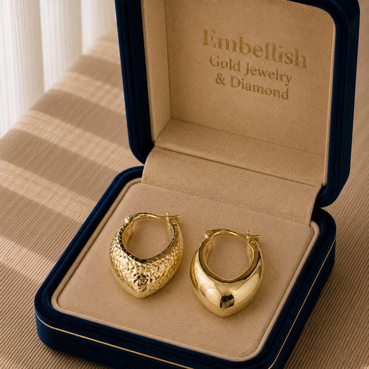 Gold hoop earrings in a 'Embellish Gold Jewelry & Diamond' box on a striped fabric background