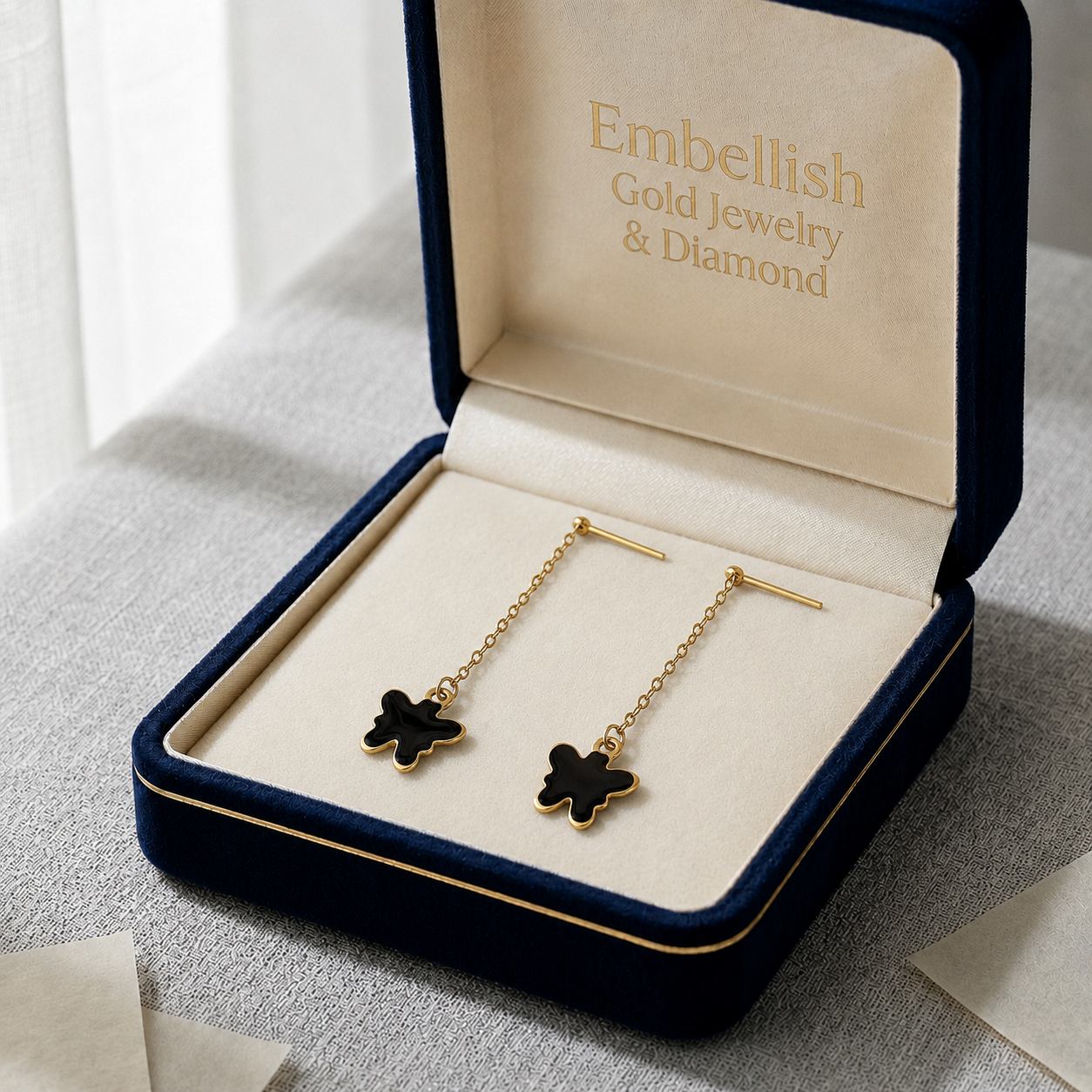 18k Butterfly black dangling earrings