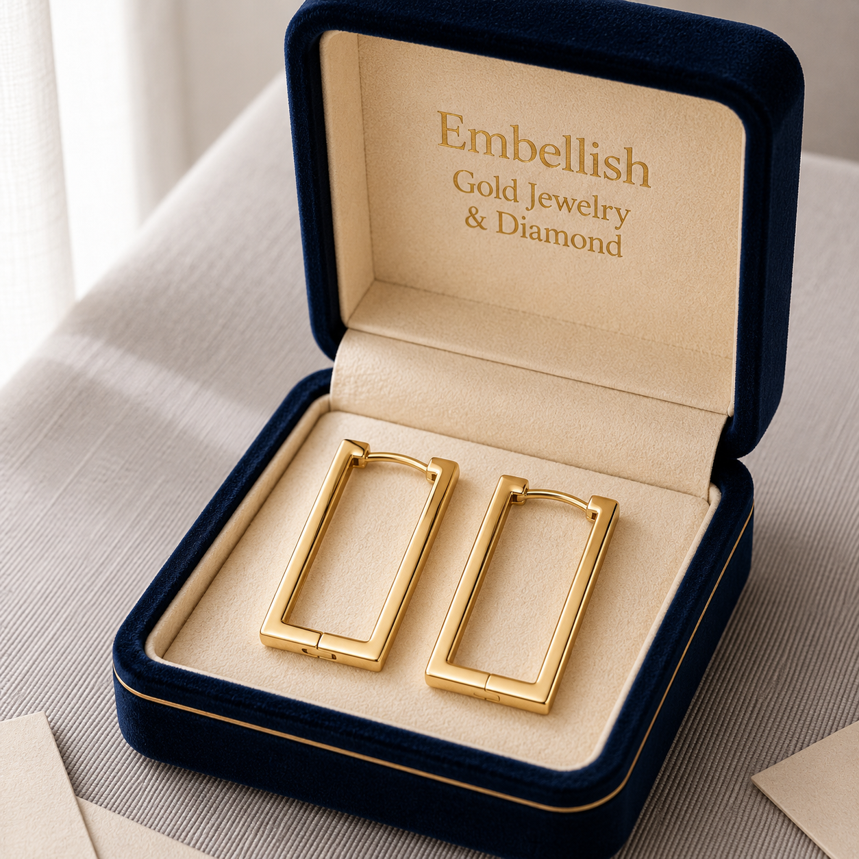 Gold earrings in a 'Embellish Gold Jewelry & Diamond' box on a textured surface.