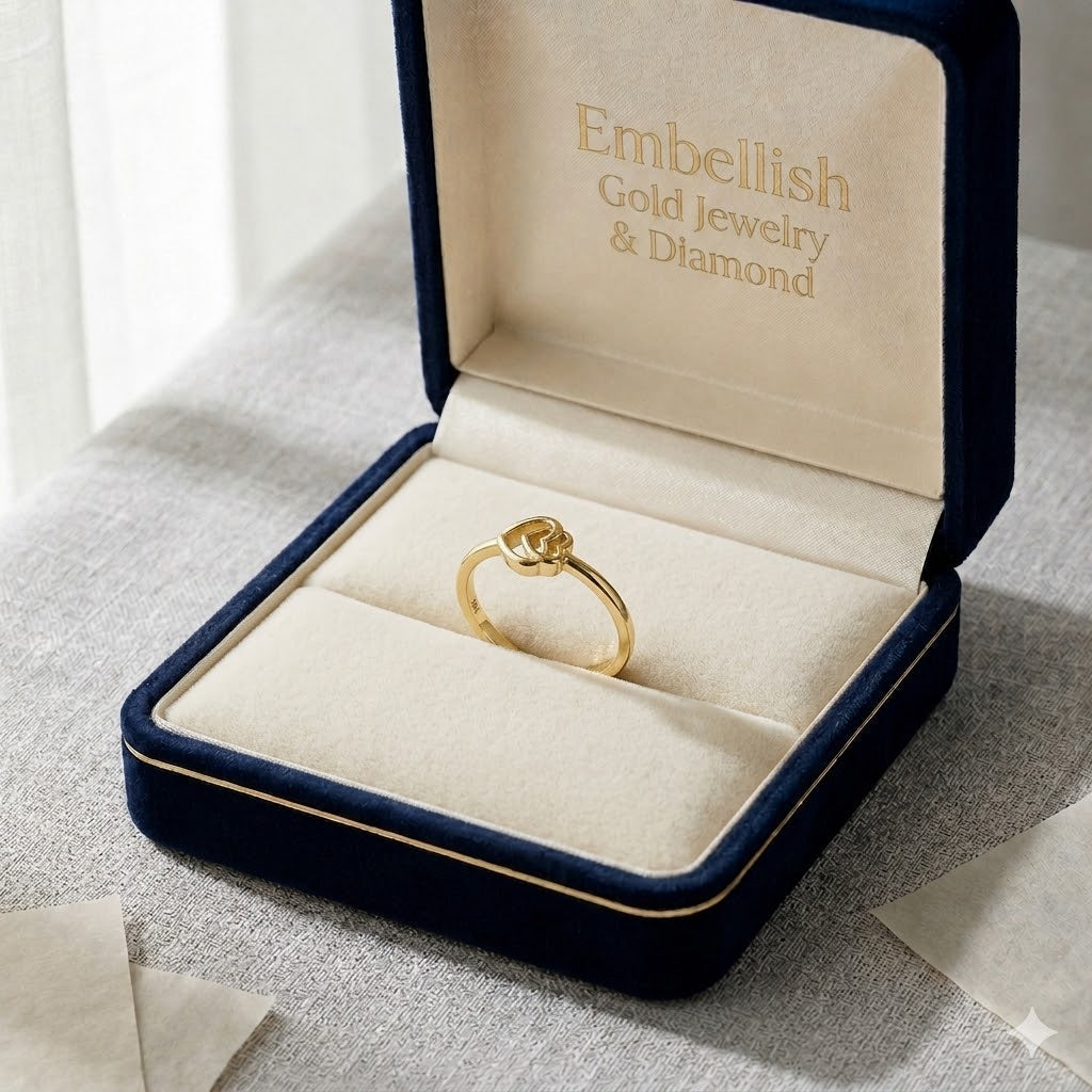 Gold ring in a jewelry box with 'Embellish Gold Jewelry & Diamond' branding.