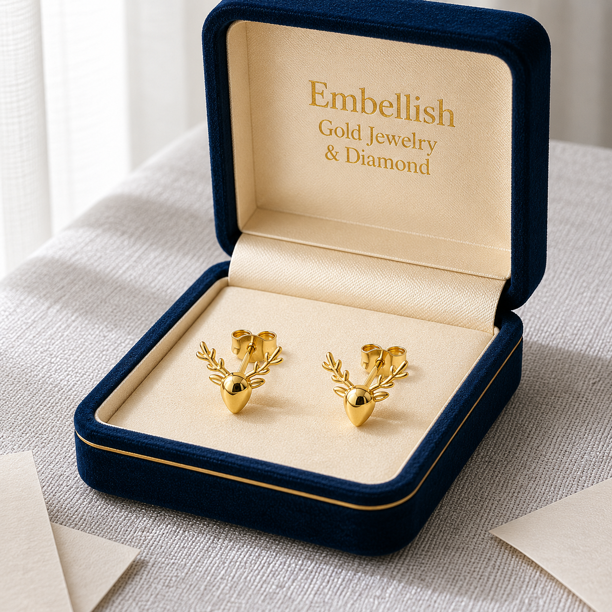 Gold deer-shaped earrings in a 'Embellish Gold Jewelry & Diamond' box on a textured surface.