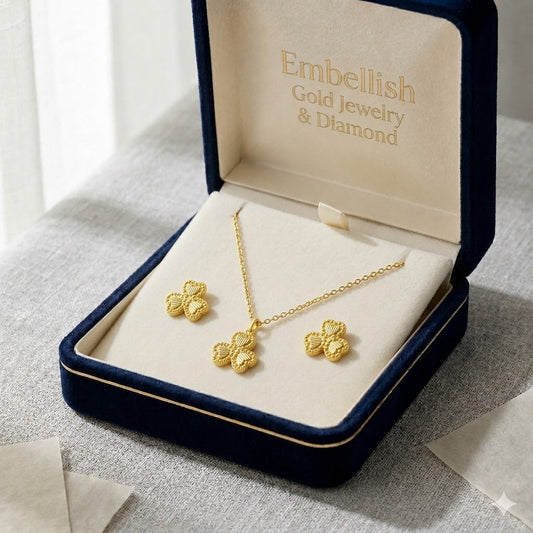 18K Real Gold 3 Petal Necklace And Earring Set