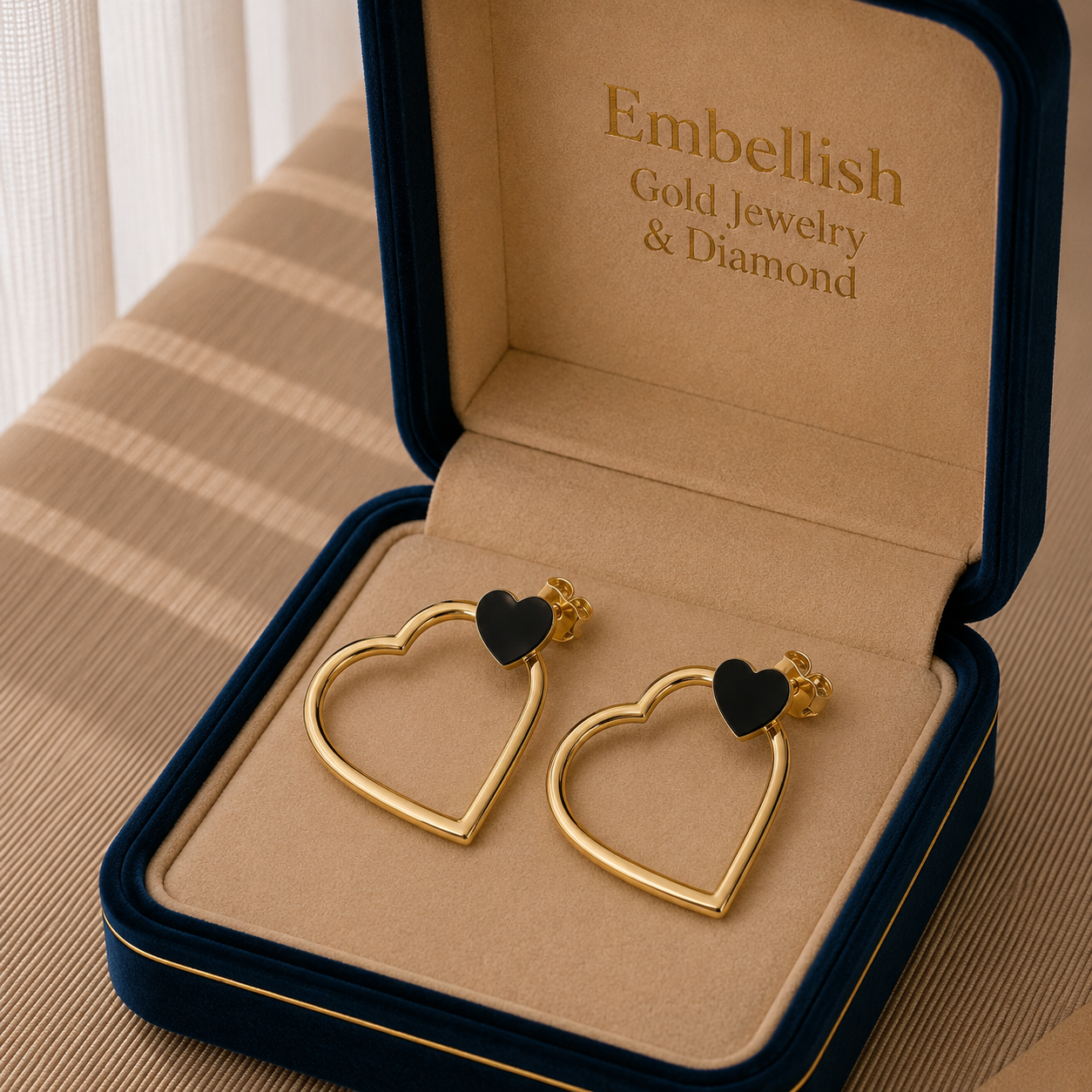 Heart-shaped gold earrings with black heart centers in a 'Embellish' jewelry box.
