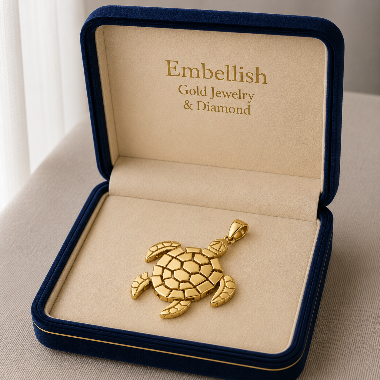 Gold turtle pendant in a 'Embellish Gold Jewelry & Diamond' box.