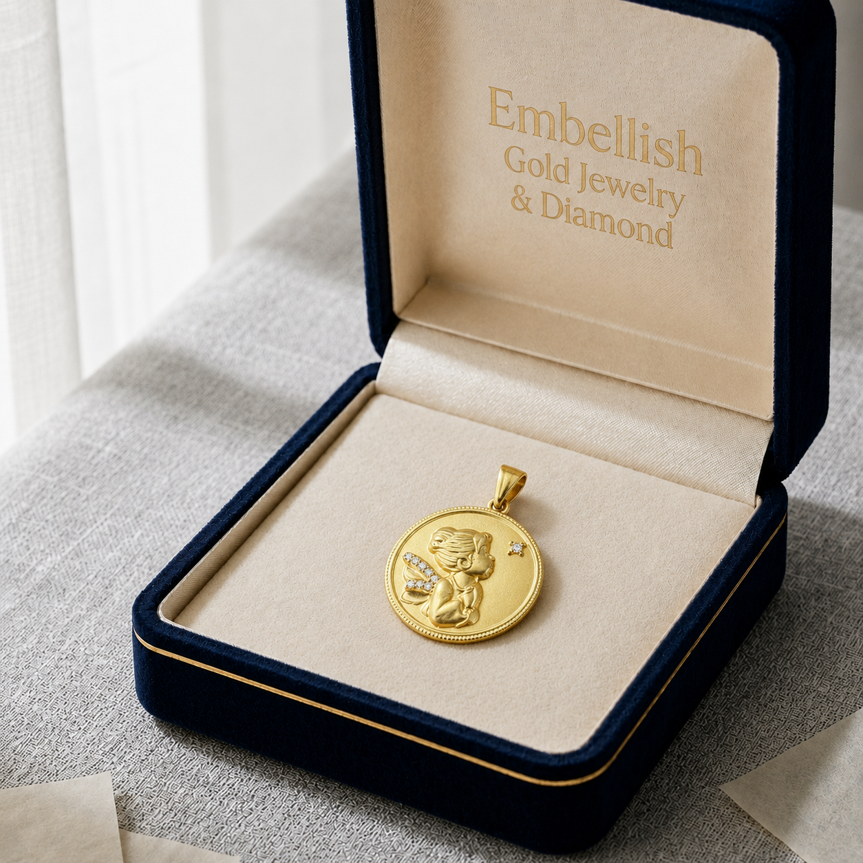 18k Gold Round Fairy Pendant
