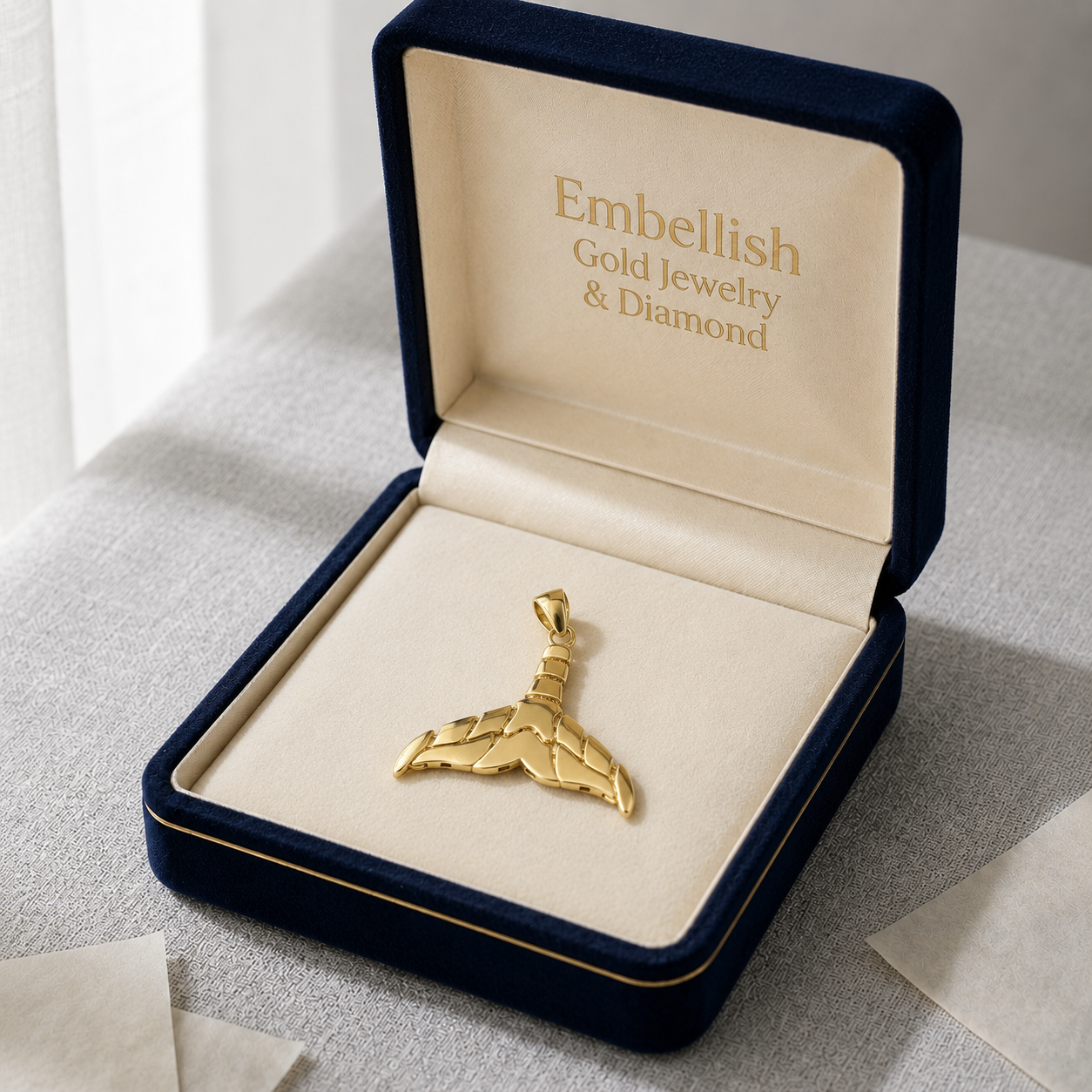 Gold pendant in an open jewelry box with 'Embellish Gold Jewelry & Diamond' branding.