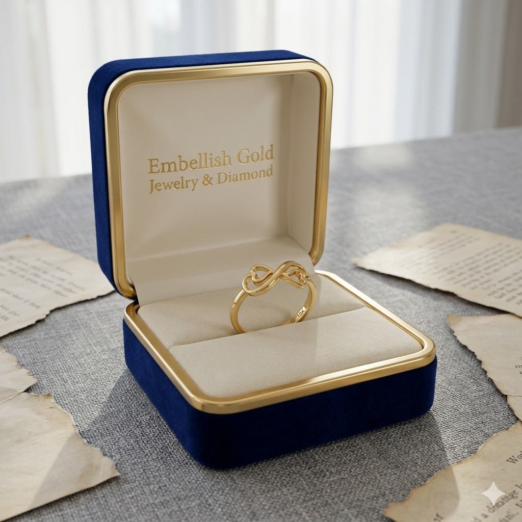 Gold ring in a blue and gold jewelry box with 'Embellish Gold Jewelry & Diamond' text.
