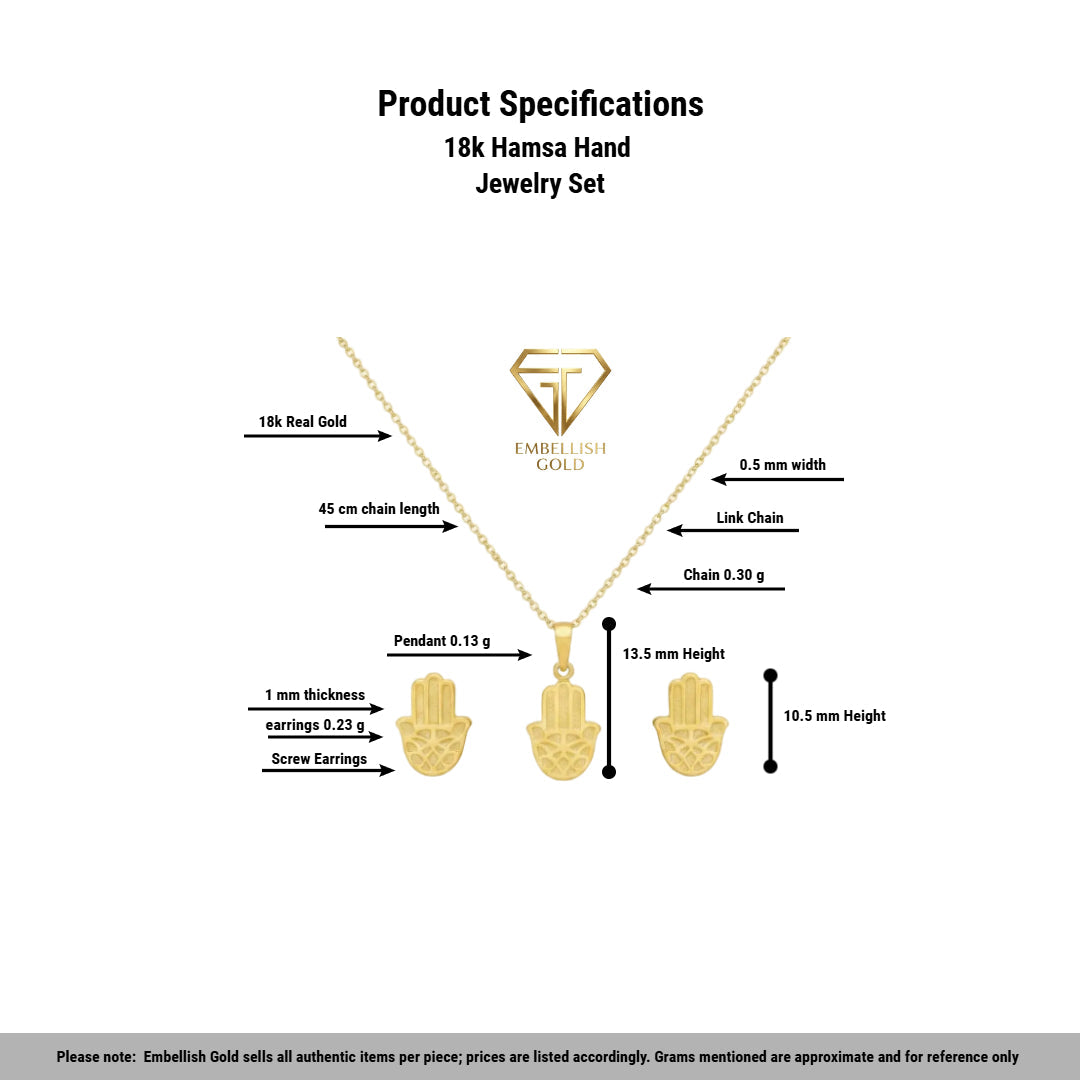 18k Hamsa Hand jewelry set with detailed specifications on a white background
