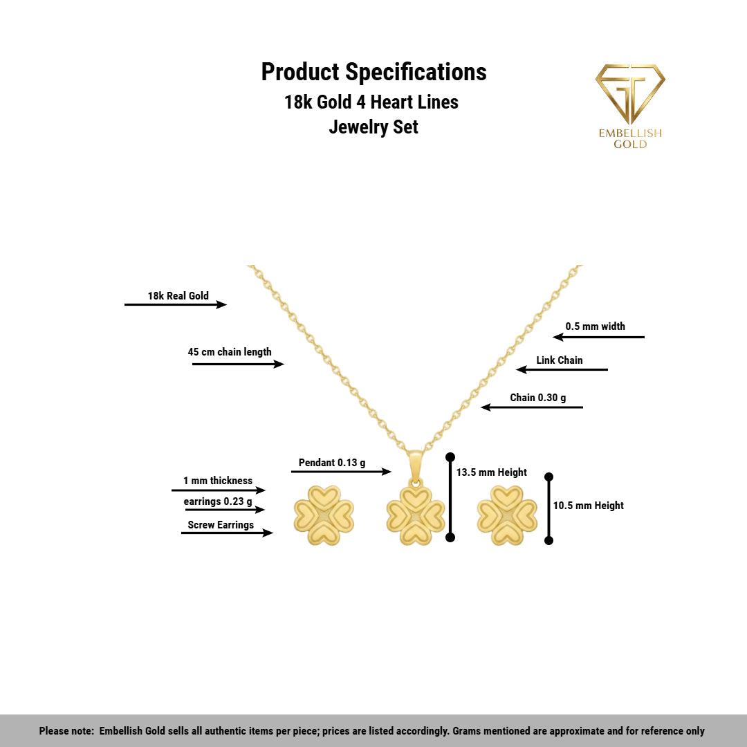 18k Gold 4 Heart Lines Jewelry Set