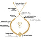 Gold bracelet with detailed specifications on a white background