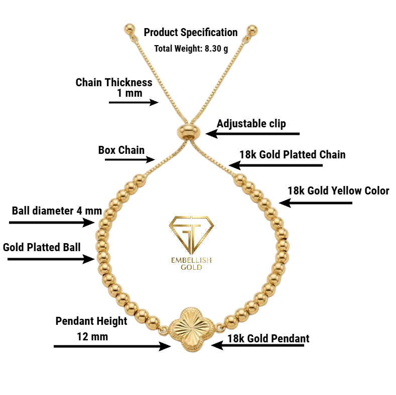 Gold bracelet with detailed specifications on a white background