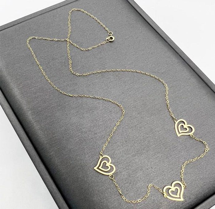18K Real Gold 3 Pendant double Heart Necklace 071 - Embellish Gold