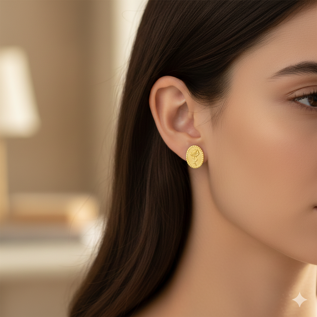 Woman wearing oval gold stud earring with floral engraving, contemporary jewelry